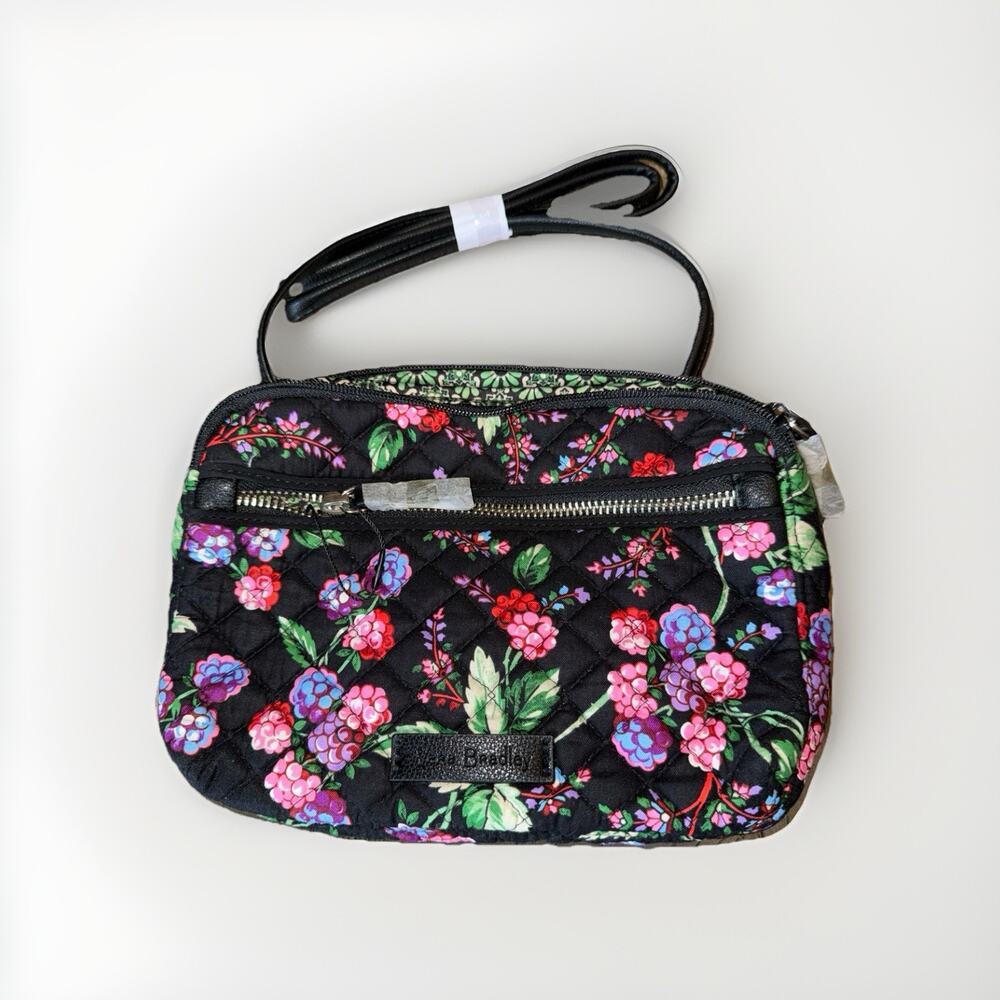 Vera Bradley Winter Berry Quilted Black Floral RDIF Crossbody Bag